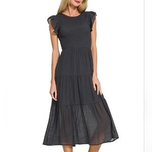 Zenana Women's Casual Woven Smocked Ruffle Sleeve Midi Dress in Dark Grey